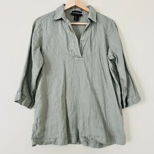 Tahari Women's Linen Blouse Top Shirt V-Neck Light Olive Green Small
